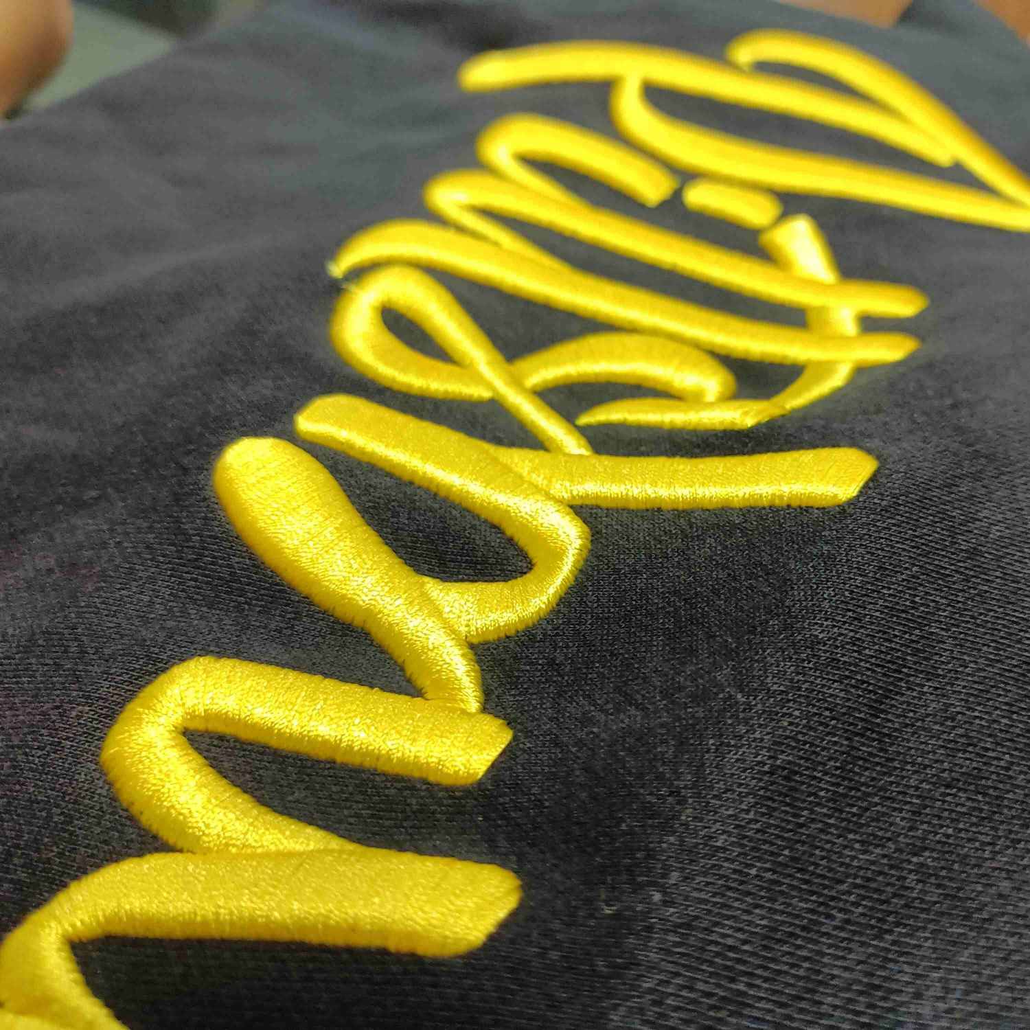 3D puff embroidery font lettering on custom sweater